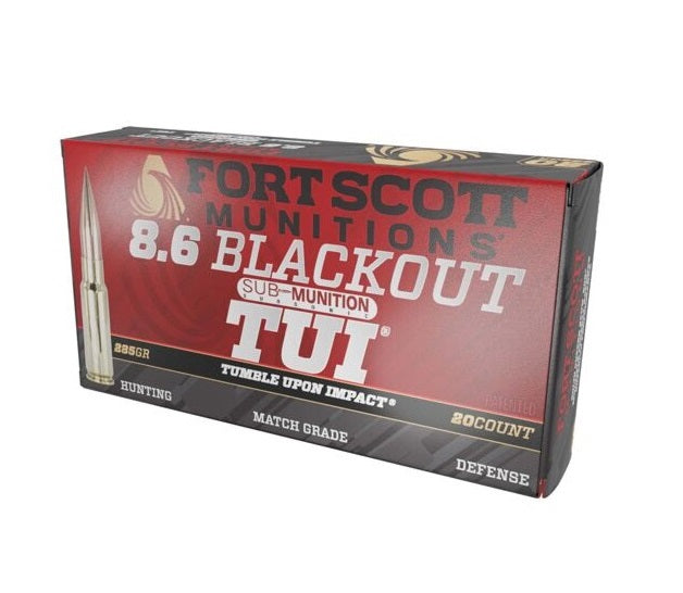 Wholesale rifle ammunition collection photo. The photo is a box of TUI SOLID COPPER, FORT SCOTT 8.6 BLACKOUT 285 grain.