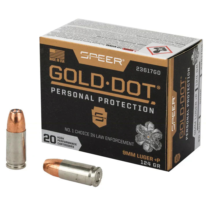 Wholesale pistol ammunition collection photo. The photo is a box of Speer, Gold Dot, Personal Protection, 9MM +P, 124 Grain, Jacketed Hollow Point. 