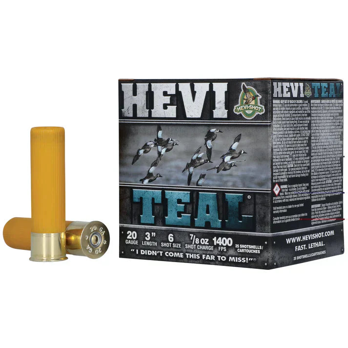 Wholesale shotgun ammunition collection photo. The photo is a box of Hevi-Shot, TEAL, 20 Gauge 3", #6, 7/8 oz., Bismuth