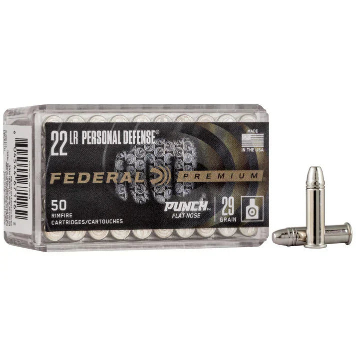 Wholesale rimfire ammunition collection photo. The photo is a box of Federal Premium Punch 22lr 29 grain. 