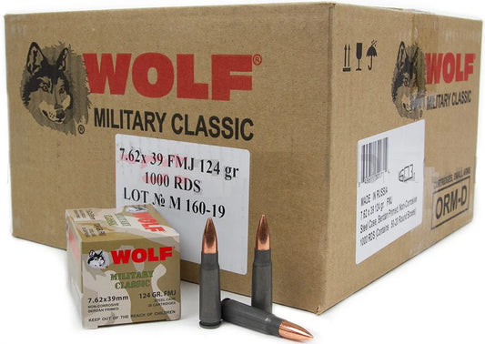 Wolf Steel Case 7.62X39mm Rifle Ammo- 124 Grain | FMJ | 1000rd Case