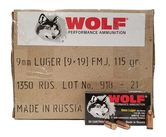 Wolf Bi-Metal Case 9mm Luger Handgun Ammo- 115 Grain | FMJ | (1350rd Case)