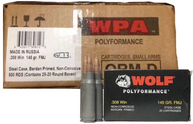 Wolf Steel Case .308 Win Rifle Ammo- 145 Grain | FMJ | 500rd Case