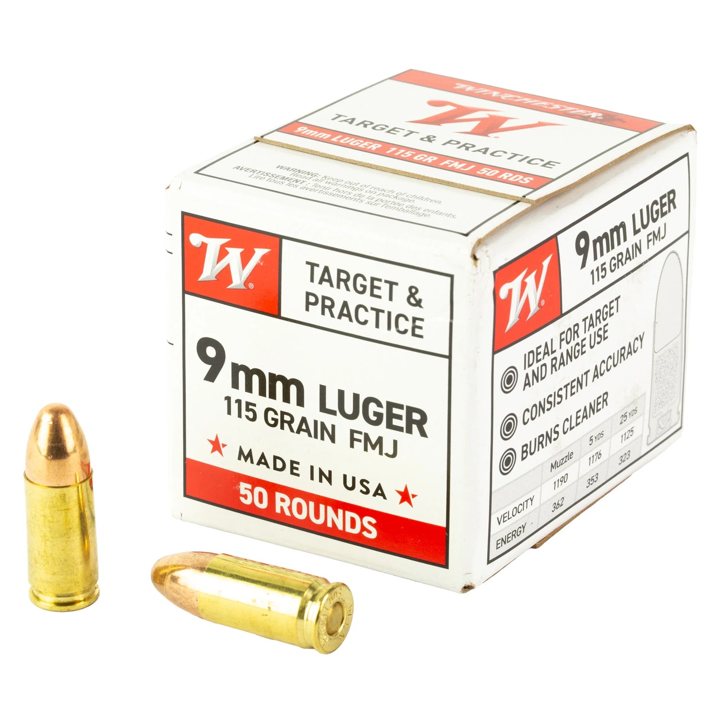 Winchester USA, 9mm Luger, 115 Grain | FMJ |  (50 Round Box)