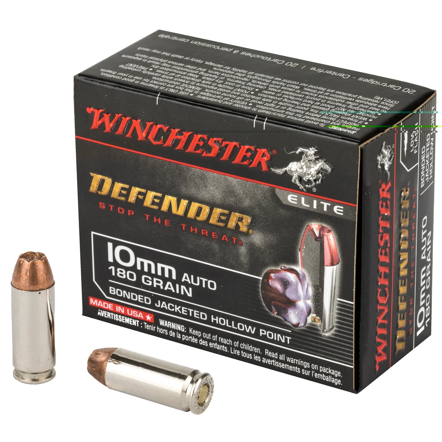 Winchester Ammunition, Defender, 10MM, 180 Grain, Bonded Jacketed Hollow Point  (20 Round Box)