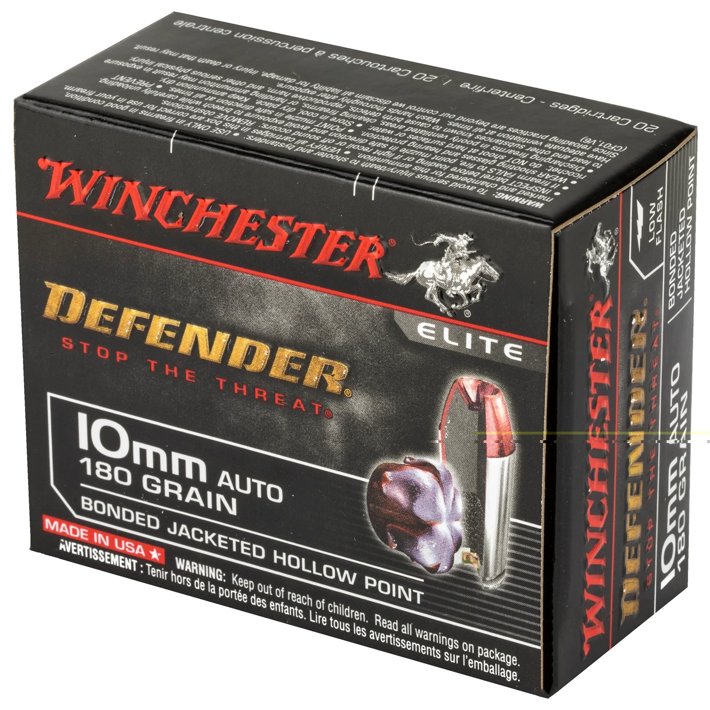 Winchester Ammunition, Defender, 10MM, 180 Grain, Bonded Jacketed Hollow Point  (20 Round Box)