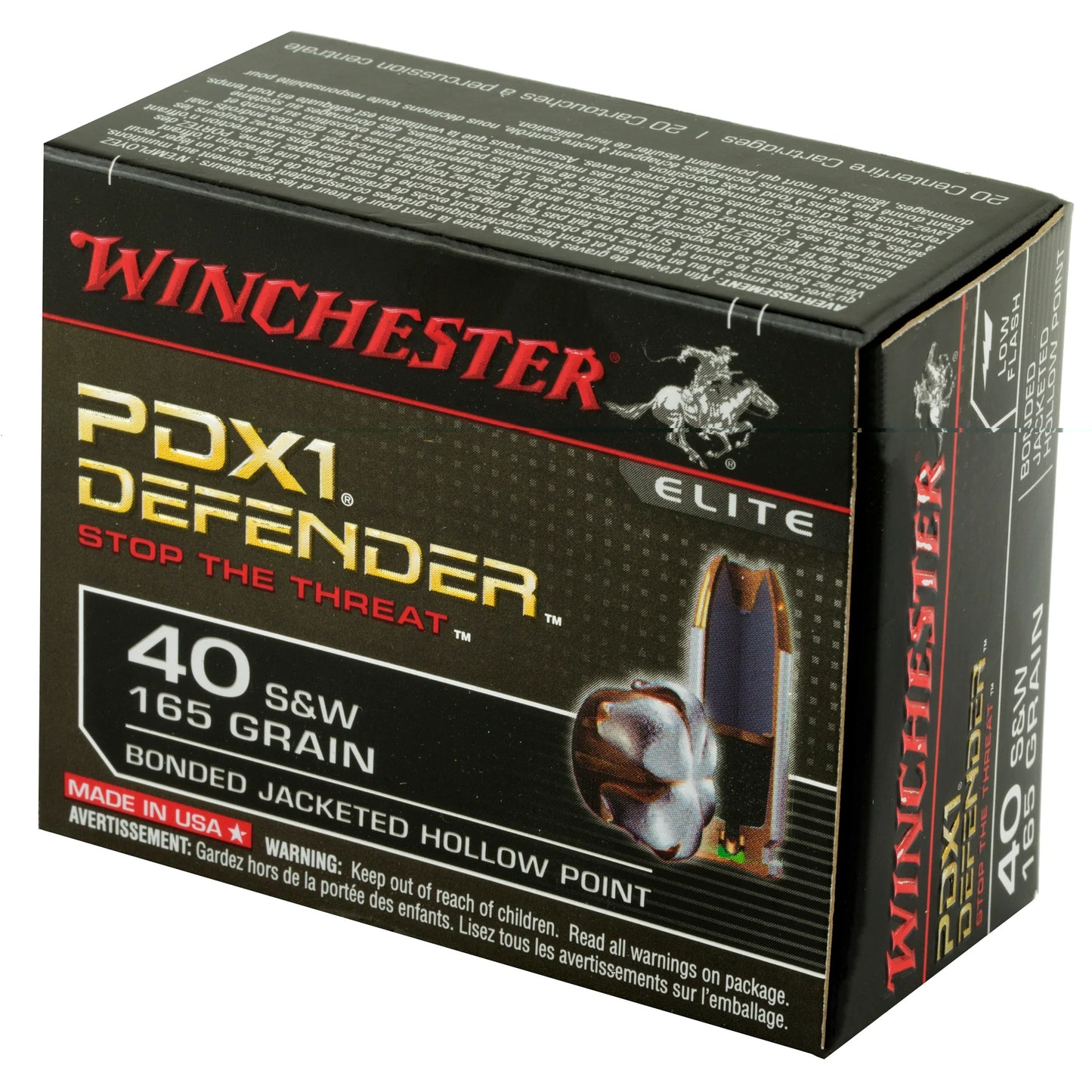 Winchester Ammunition, Defender, Supreme Elite, 40 S&W, 165 Grain | BJHP | PDX1  (20 Round Box)