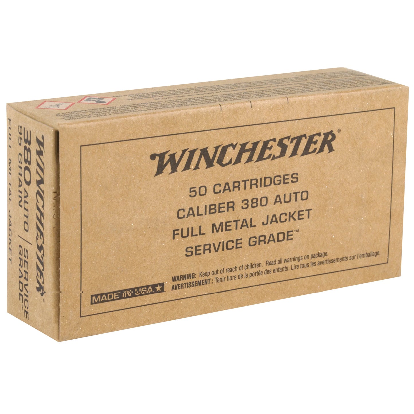 Winchester Ammunition, Service Grade, 380 ACP, 95 Grain | FMJ |  (50 Round Box)