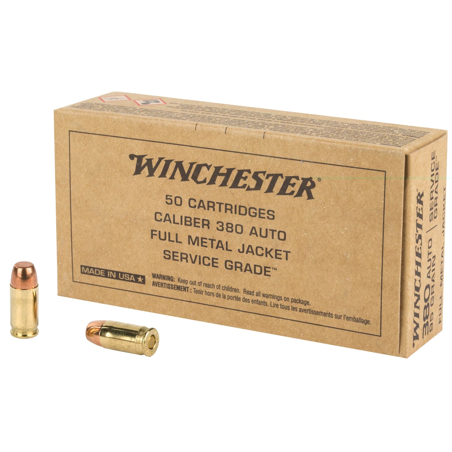 Winchester Ammunition, Service Grade, 380 ACP, 95 Grain | FMJ |  (50 Round Box)