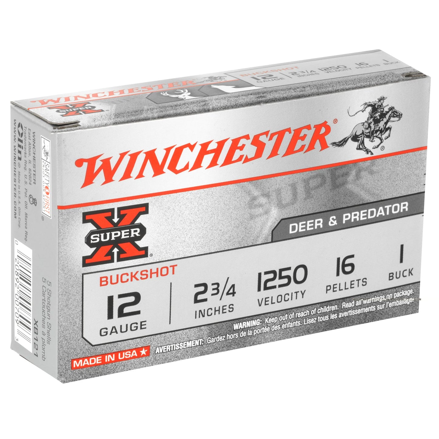 Winchester Ammunition, Super-X, 12 Gauge, 2.75", 1 Buck, Buckshot, 16 Pellets  (5 Round Box)