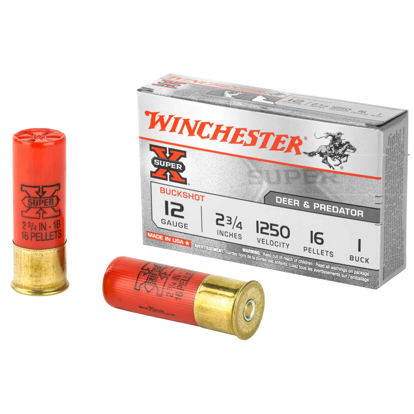 Winchester Ammunition, Super-X, 12 Gauge, 2.75", 1 Buck, Buckshot, 16 Pellets  (5 Round Box)