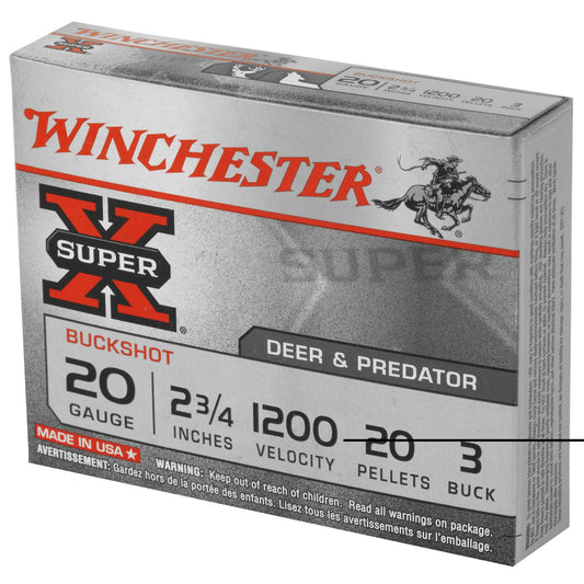 Winchester Ammunition, Super-X, 20 Gauge, 2.75", 3 Buck, Buckshot, 20 Pellets  (5 Round Box)