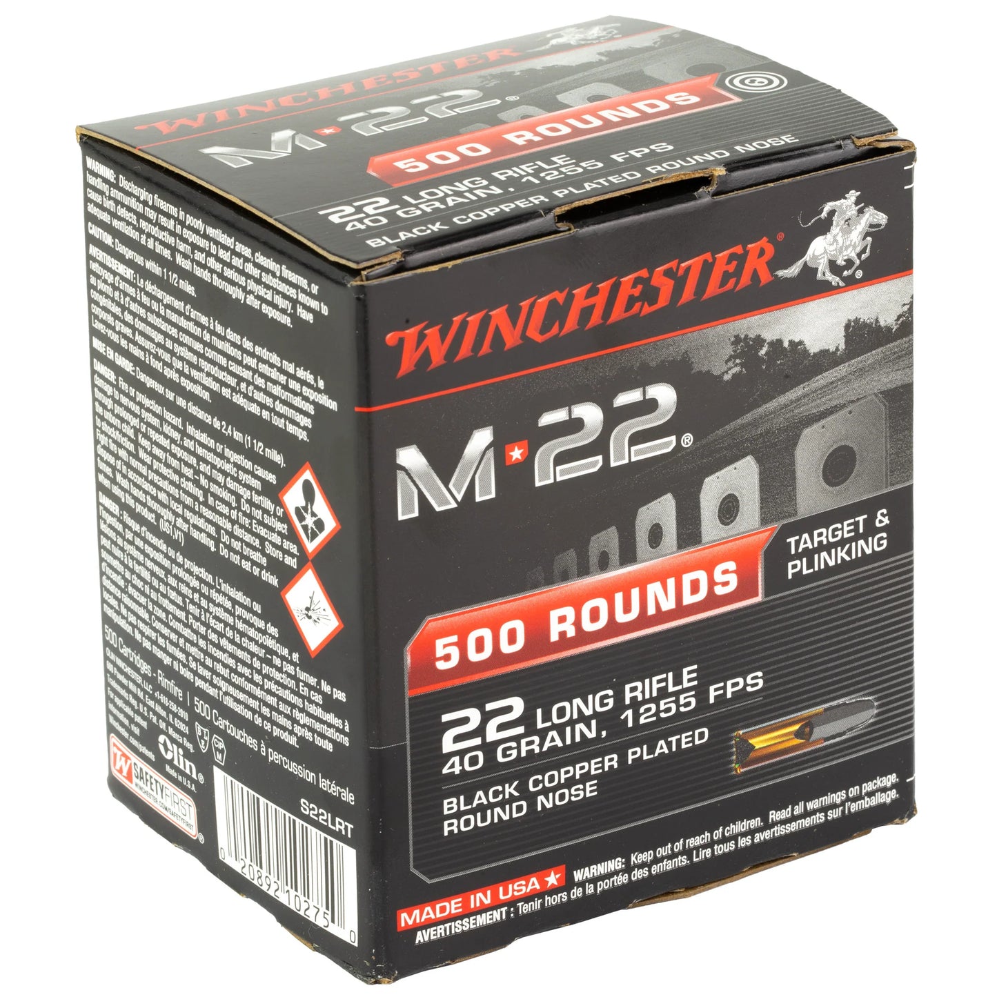 Winchester Ammunition, M22, 22LR, 40 Grain, Copper Plated Round Nose, 500 Round Box