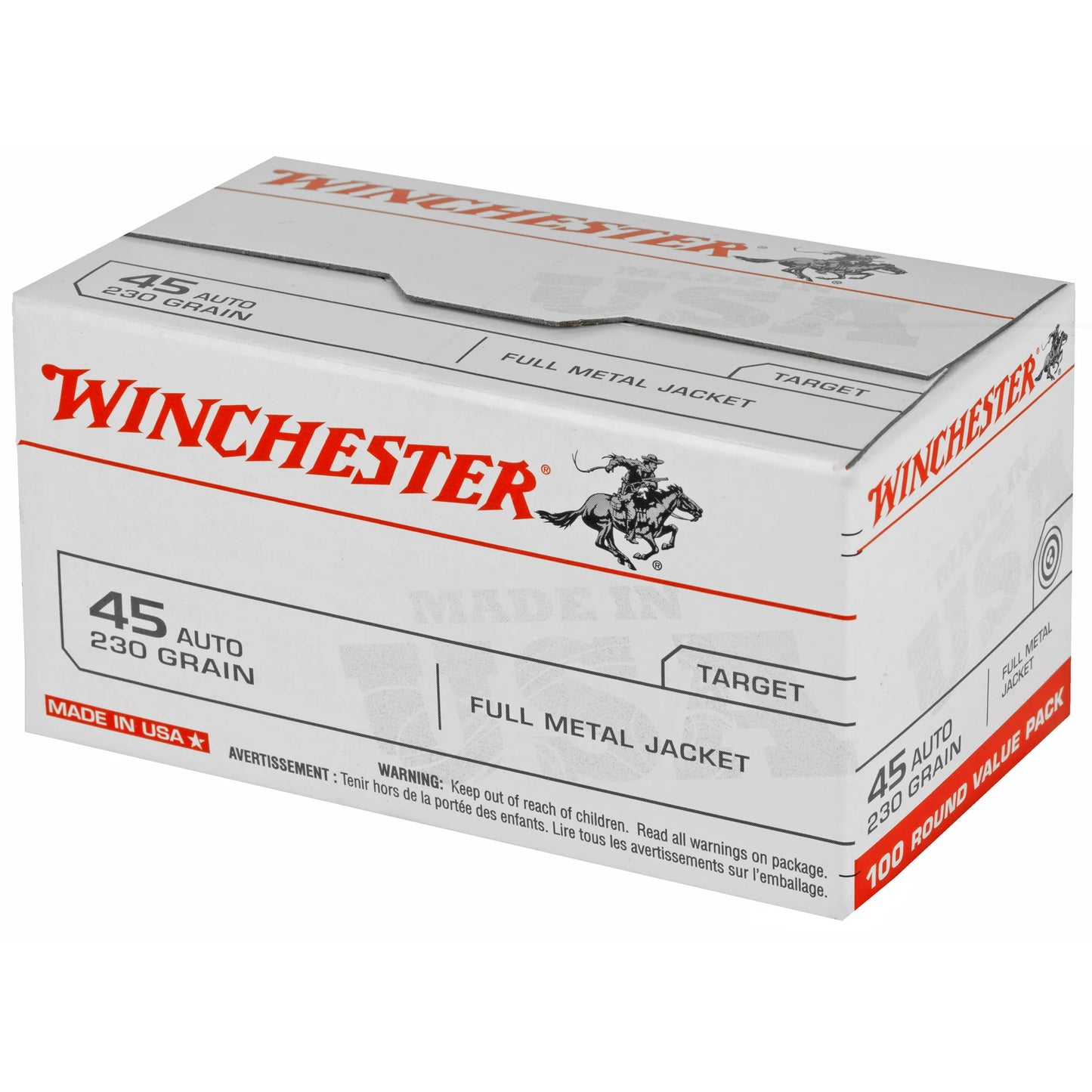 Winchester Ammunition, USA, 45 ACP, 230 Grain | FMJ |  (100 Round Box)