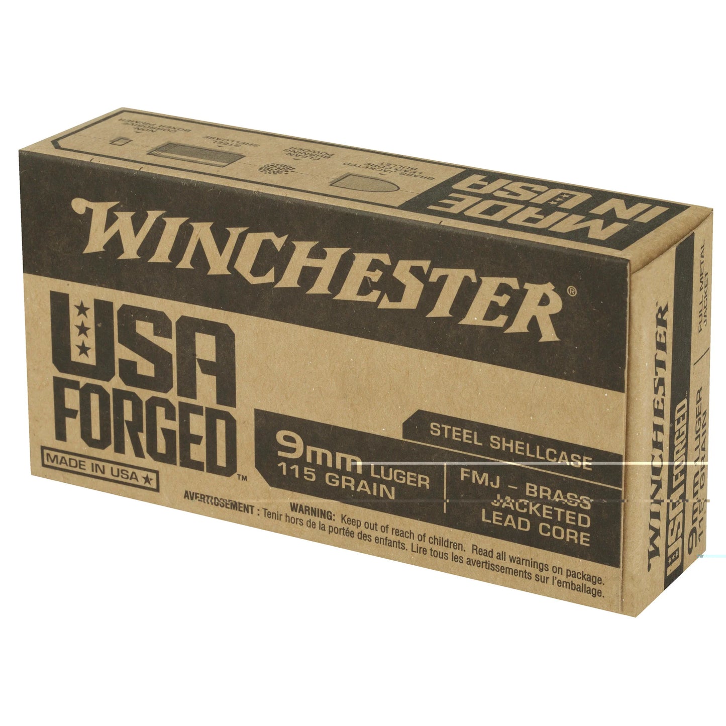 Winchester Ammunition, USA Forged, 9MM, 115 Grain, Brass Jacketed Lead Core | FMJ | Steel Cased  (50 Round Box)