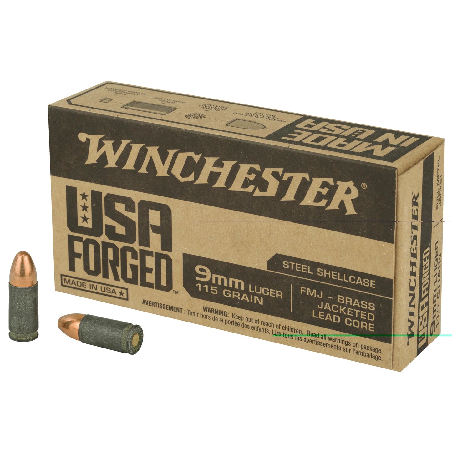 Winchester Ammunition, USA Forged, 9MM, 115 Grain, Brass Jacketed Lead Core | FMJ | Steel Cased  (50 Round Box)