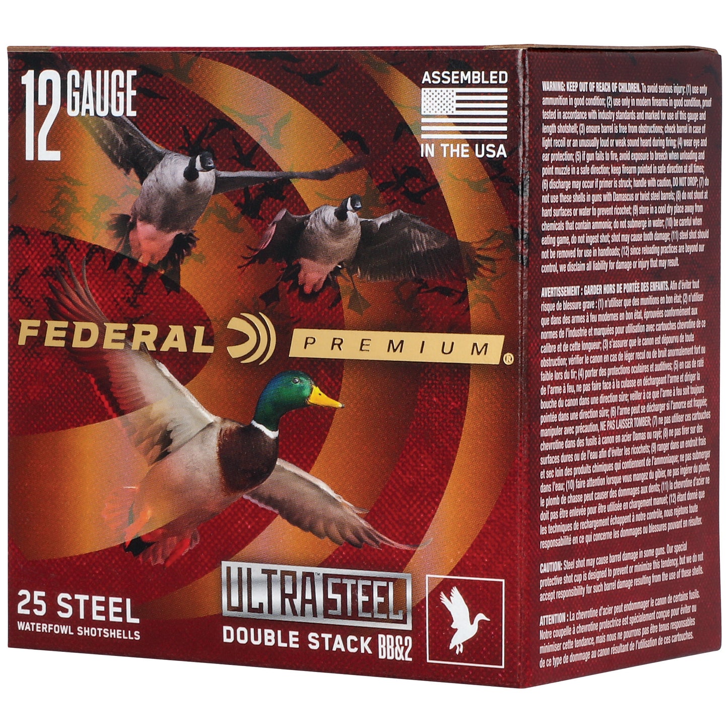 Federal, Ultra Steel, FLIGHTCONTROL FLEX WAD, 12 Gauge, 3",BB and #2 Shot, 1 1/4oz, Zinc Plated Steel  (25 Round Box)