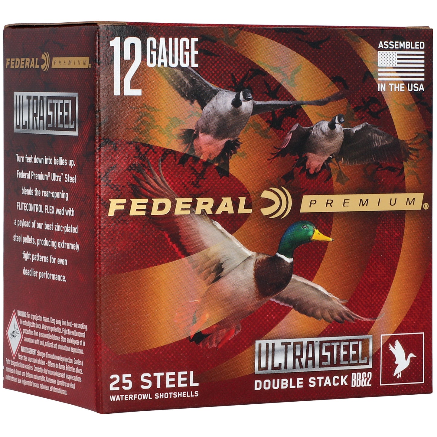 Federal, Ultra Steel, FLIGHTCONTROL FLEX WAD, 12 Gauge, 3",BB and #2 Shot, 1 1/4oz, Zinc Plated Steel  (25 Round Box)