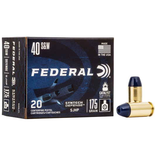 Federal, Syntech Defense with Catalyst Clean Burning Primer, 40 S&W, 175 Grain, Semi Jacketed Hollow Point, 20 Round Box