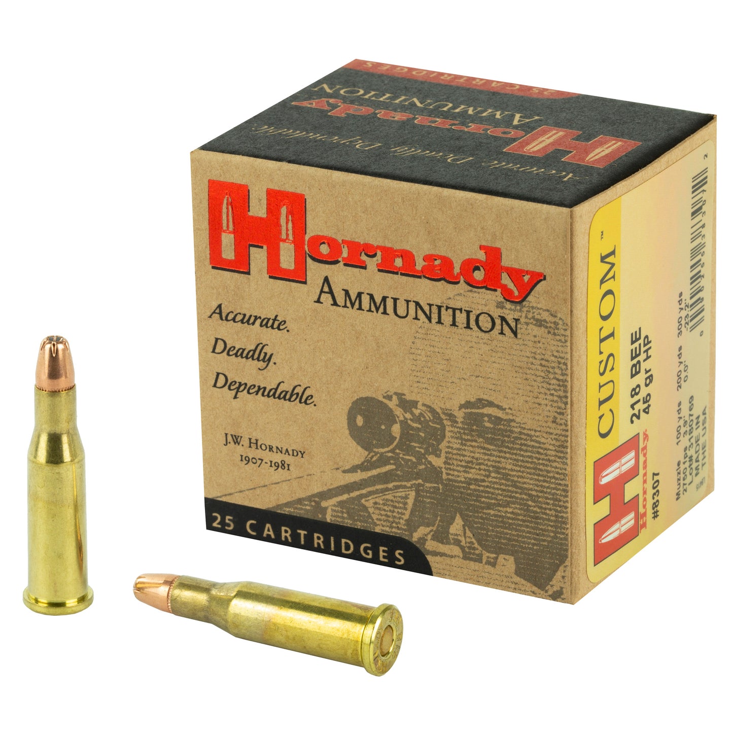 Hornady, Custom, 218 Bee, 45 Grain, Hollow Point  (25 Round Box)