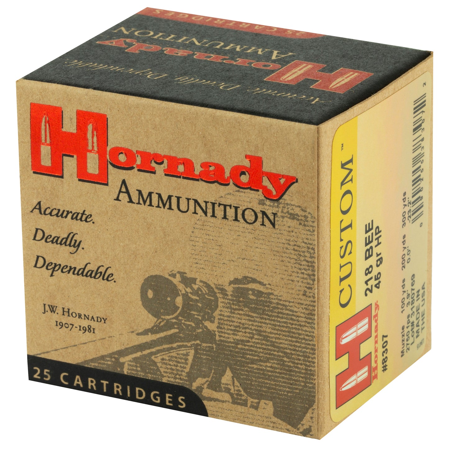 Hornady, Custom, 218 Bee, 45 Grain, Hollow Point  (25 Round Box)