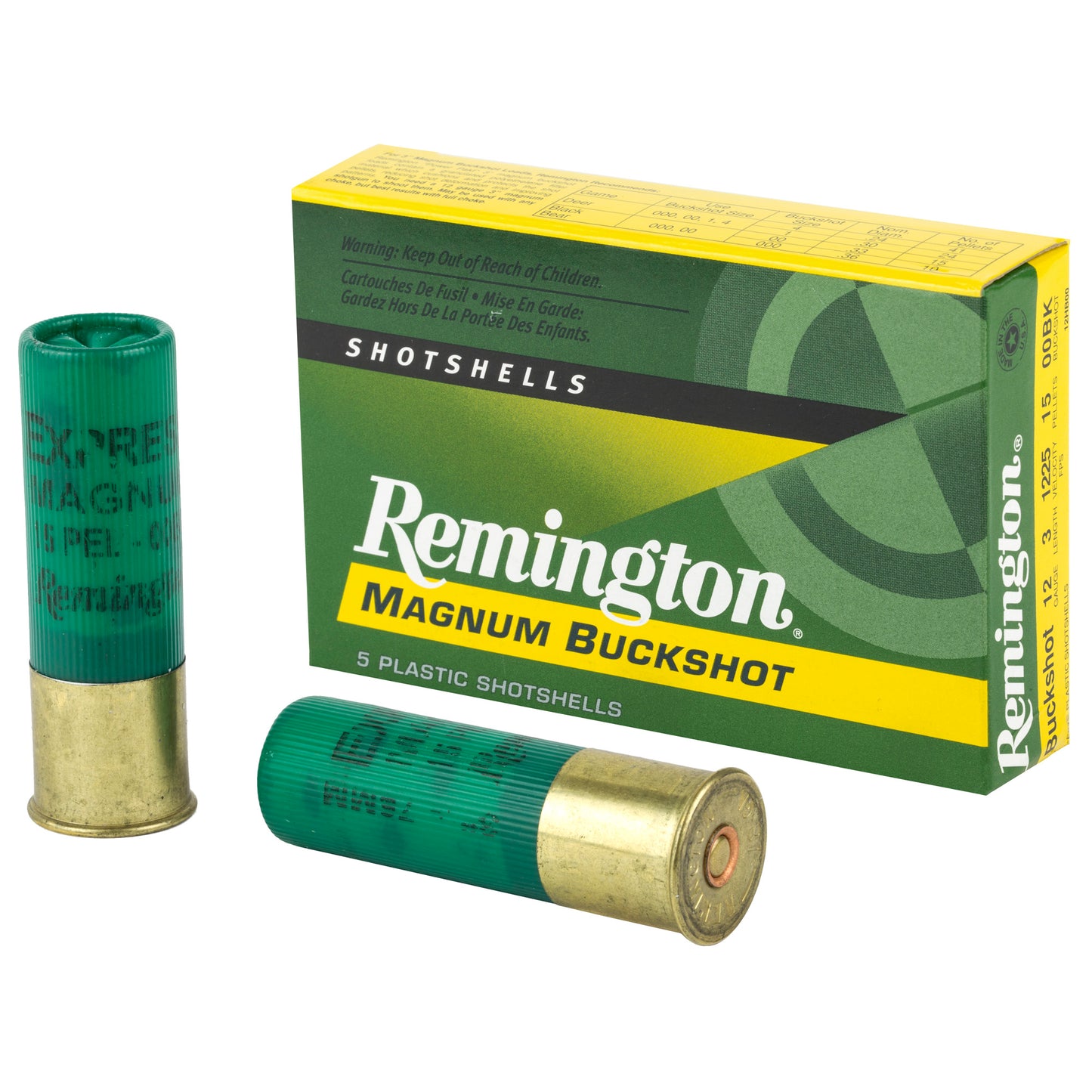 Remington, Express, 12 Gauge, 3", 00 Buck, 4 Dram, Buckshot, 15 Pellets  (5 Round Box)