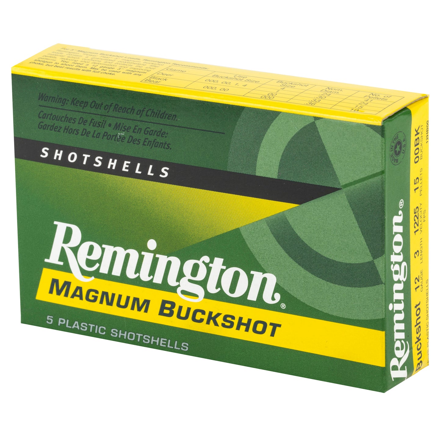 Remington, Express, 12 Gauge, 3", 00 Buck, 4 Dram, Buckshot, 15 Pellets  (5 Round Box)