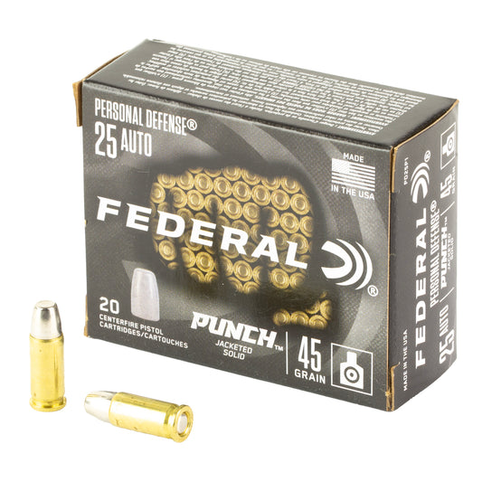 Federal, Personal Defense Punch, 25 Auto, 45 Grain, Jacketed Solid Point, (20 Round Box)