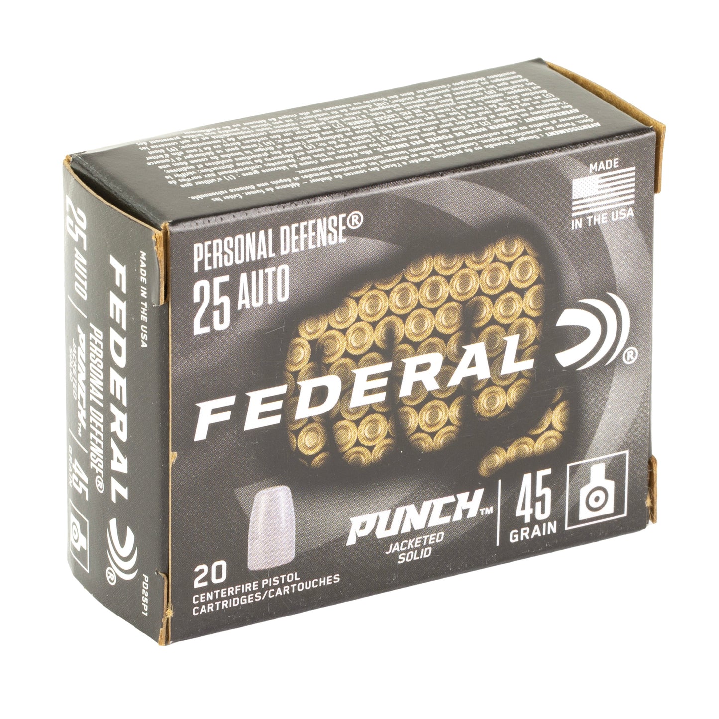 Federal, Personal Defense Punch, 25 Auto, 45 Grain, Jacketed Solid Point, (20 Round Box)