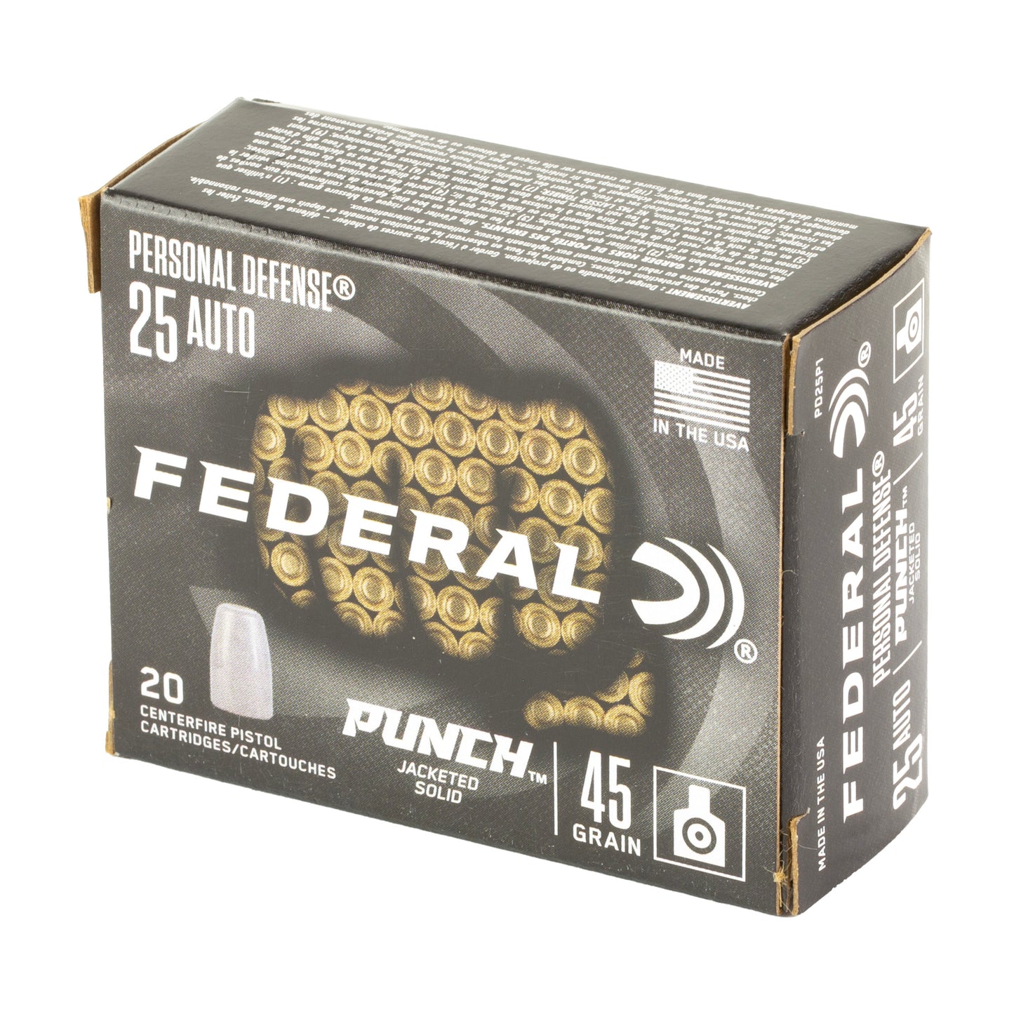 Federal, Personal Defense Punch, 25 Auto, 45 Grain, Jacketed Solid Point, (20 Round Box)