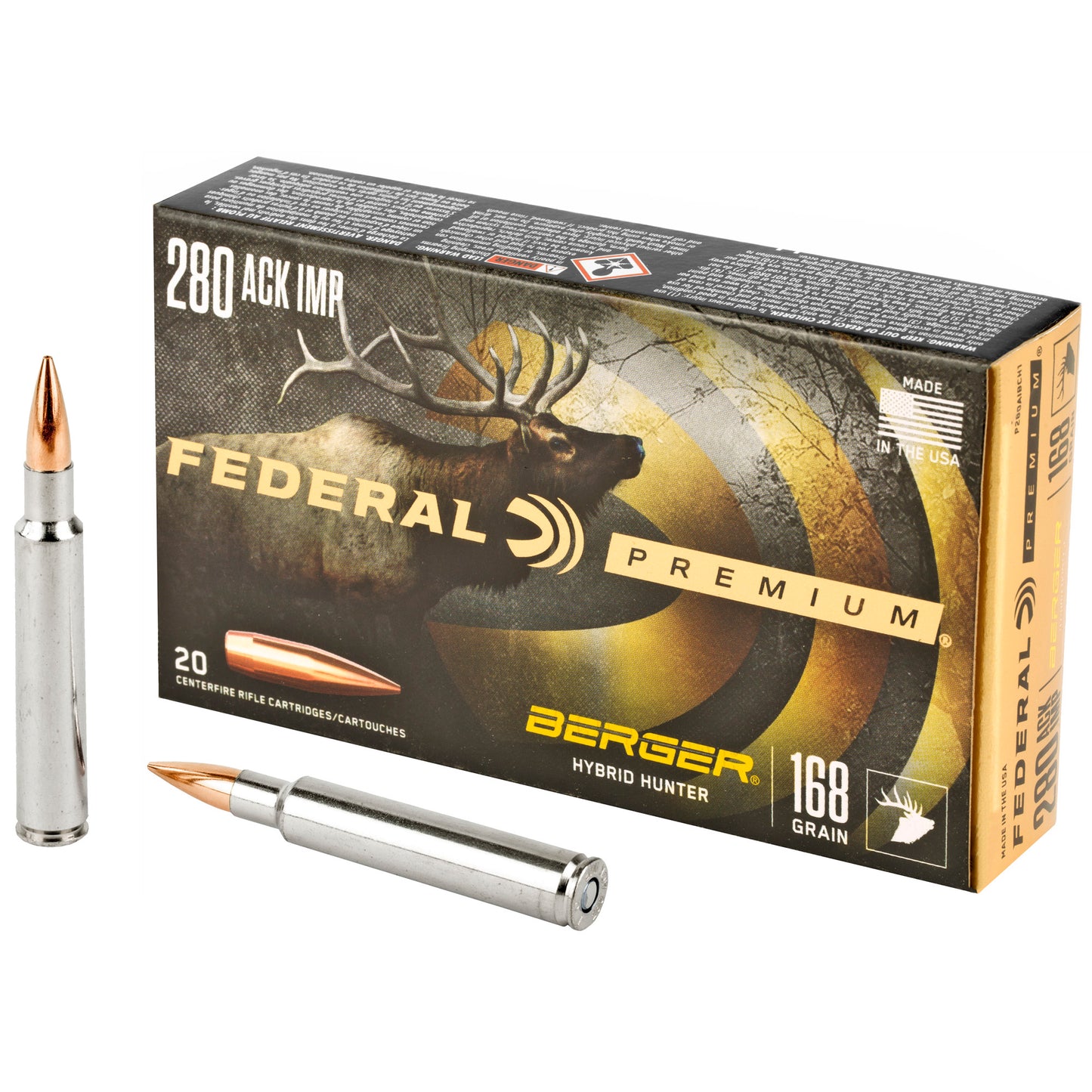 Federal, Premium, Berger Hybrid Hunter, 280 Ackley Improved, 168 Grain  (20 Round Box)