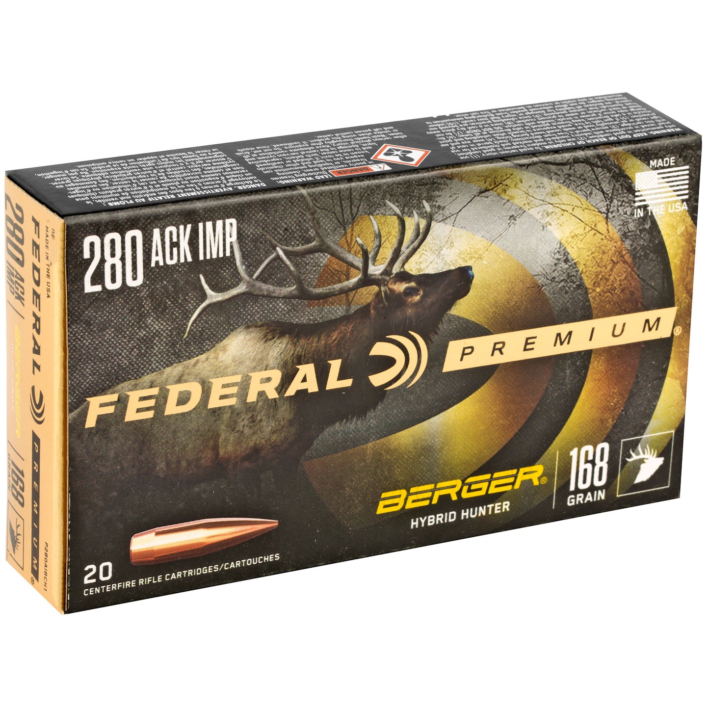 Federal, Premium, Berger Hybrid Hunter, 280 Ackley Improved, 168 Grain  (20 Round Box)