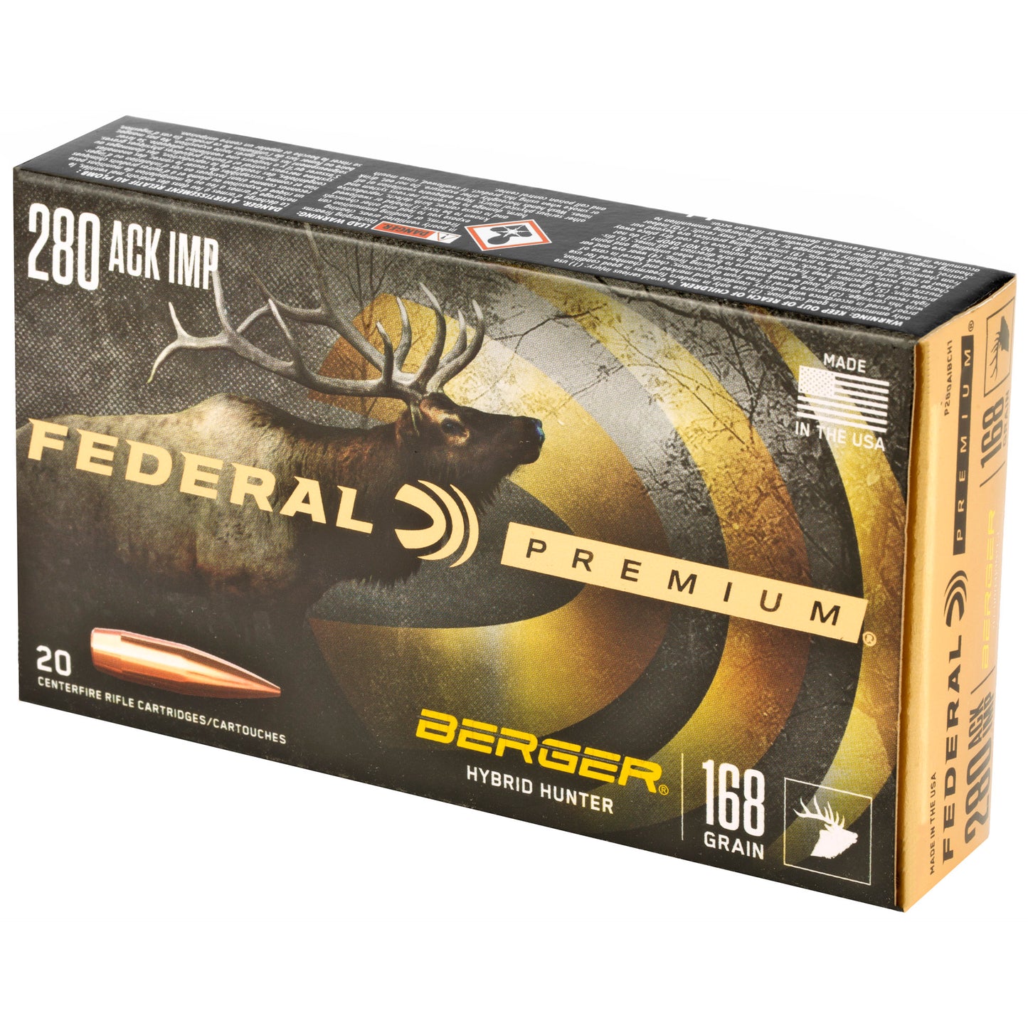 Federal, Premium, Berger Hybrid Hunter, 280 Ackley Improved, 168 Grain  (20 Round Box)