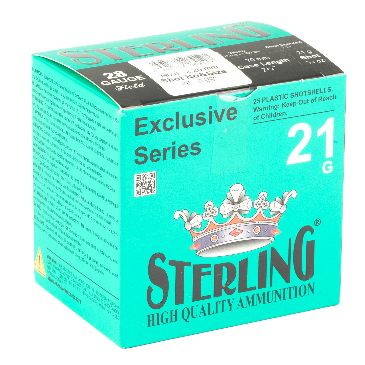 Sterling, Exclusive Series, 28 Gauge 2.75", #8, 21 Grain, 3/4 oz, Shot, (25 Round Box)