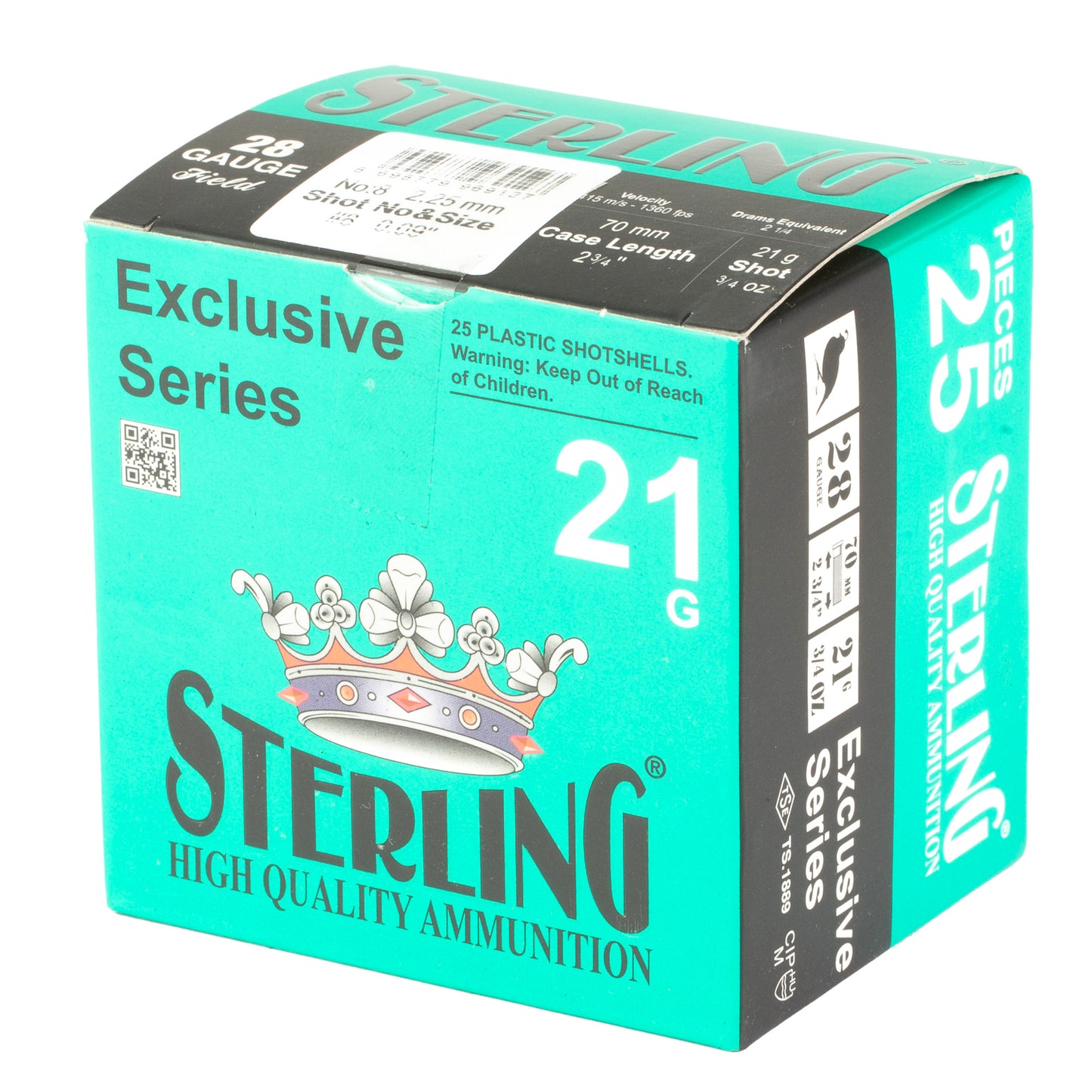 Sterling, Exclusive Series, 28 Gauge 2.75", #8, 21 Grain, 3/4 oz, Shot, (25 Round Box)