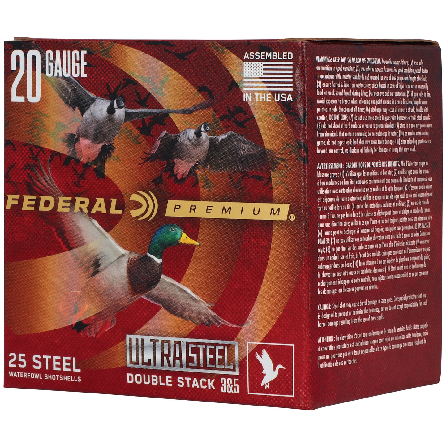 Federal, Ultra Steel, FLIGHTCONTROL FLEX WAD, 20 Gauge, 3", #3 and #5 Shot, 1oz, Zinc Plated Steel (25 Round Box)