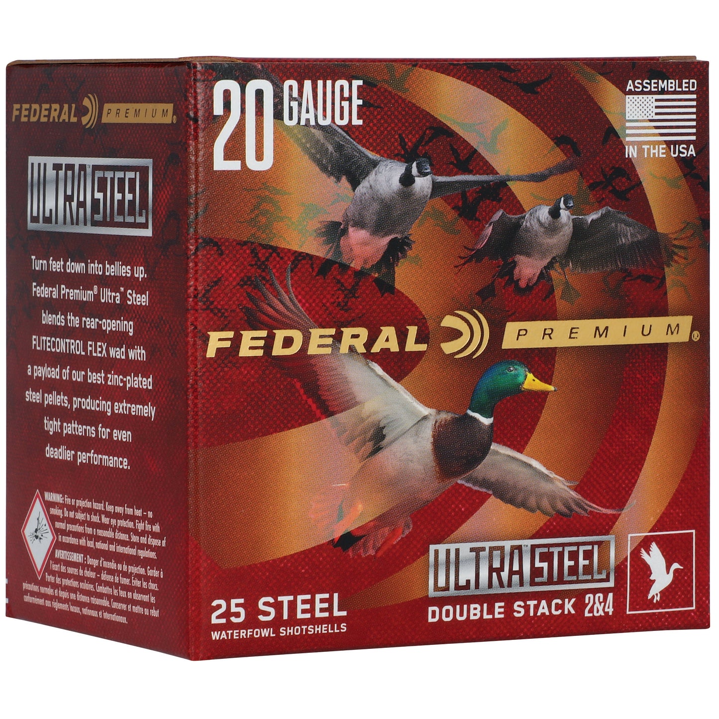 Federal, Ultra Steel, FLIGHTCONTROL FLEX WAD, 20 Gauge, 3", #2 and #4 Shot, 1oz, Zinc Plated Steel  (25 Round Box)