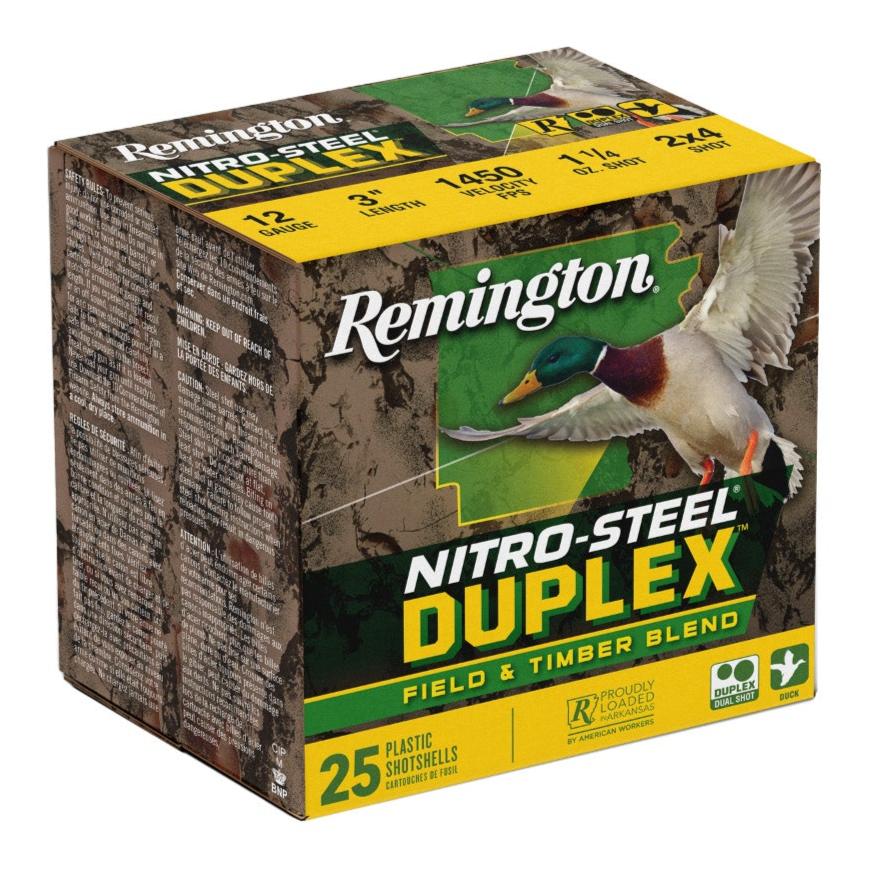 Remington, Nitro Steel Duplex, Field &amp; Timber, 12 Gauge, 3", #2 and #4 Shot, Zinc Plated  (25 Round Box)