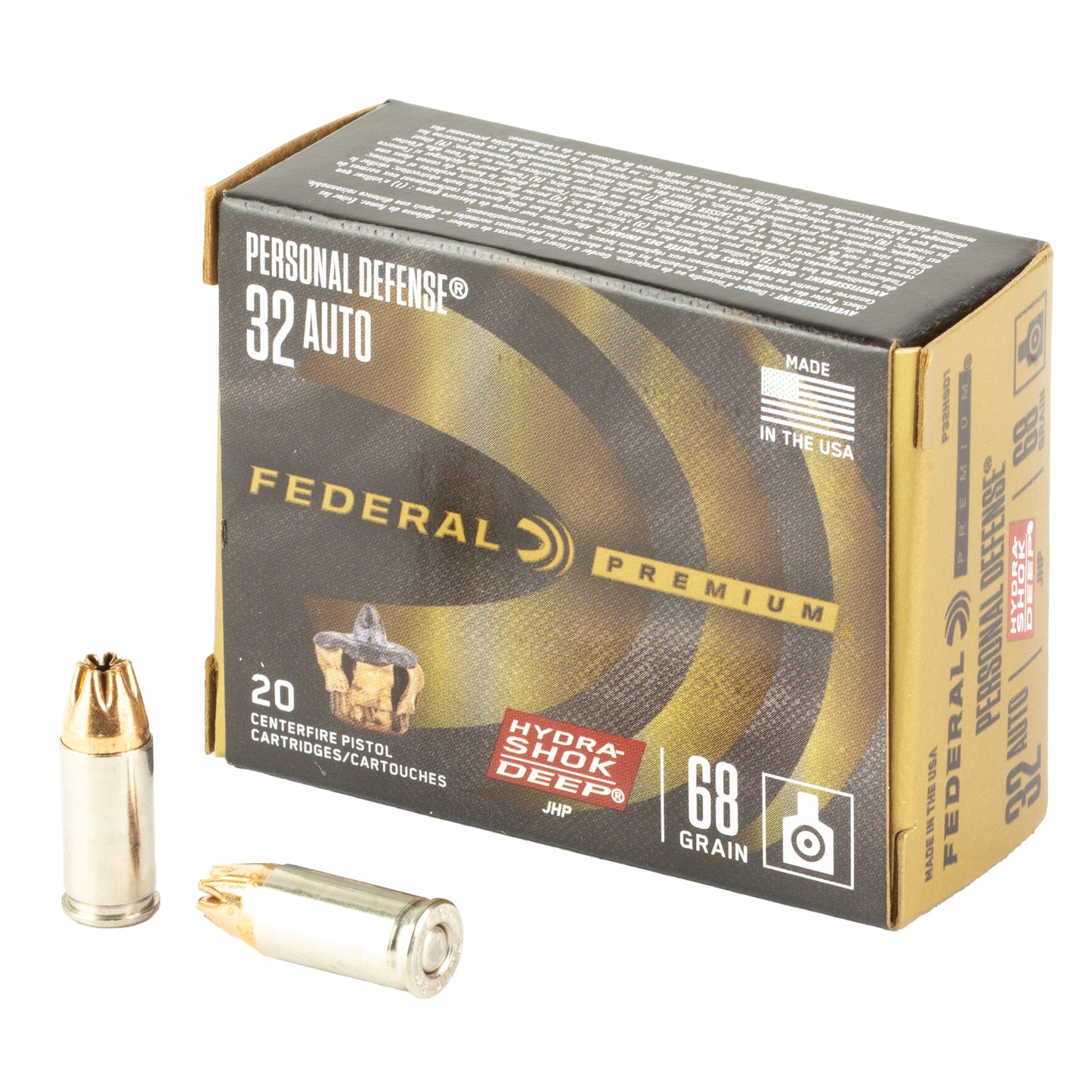 Federal, Personal Defense Hydra-Shok, 32 ACP, 68 Grain, Hydra-Shok Deep Jacketed Hollow Point, 20 Round Box