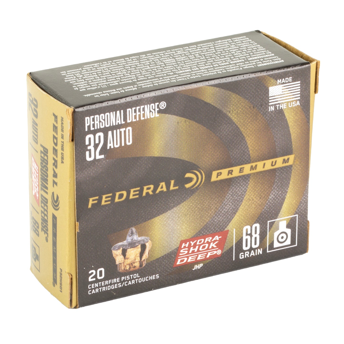 Federal, Personal Defense Hydra-Shok, 32 ACP, 68 Grain, Hydra-Shok Deep Jacketed Hollow Point, 20 Round Box