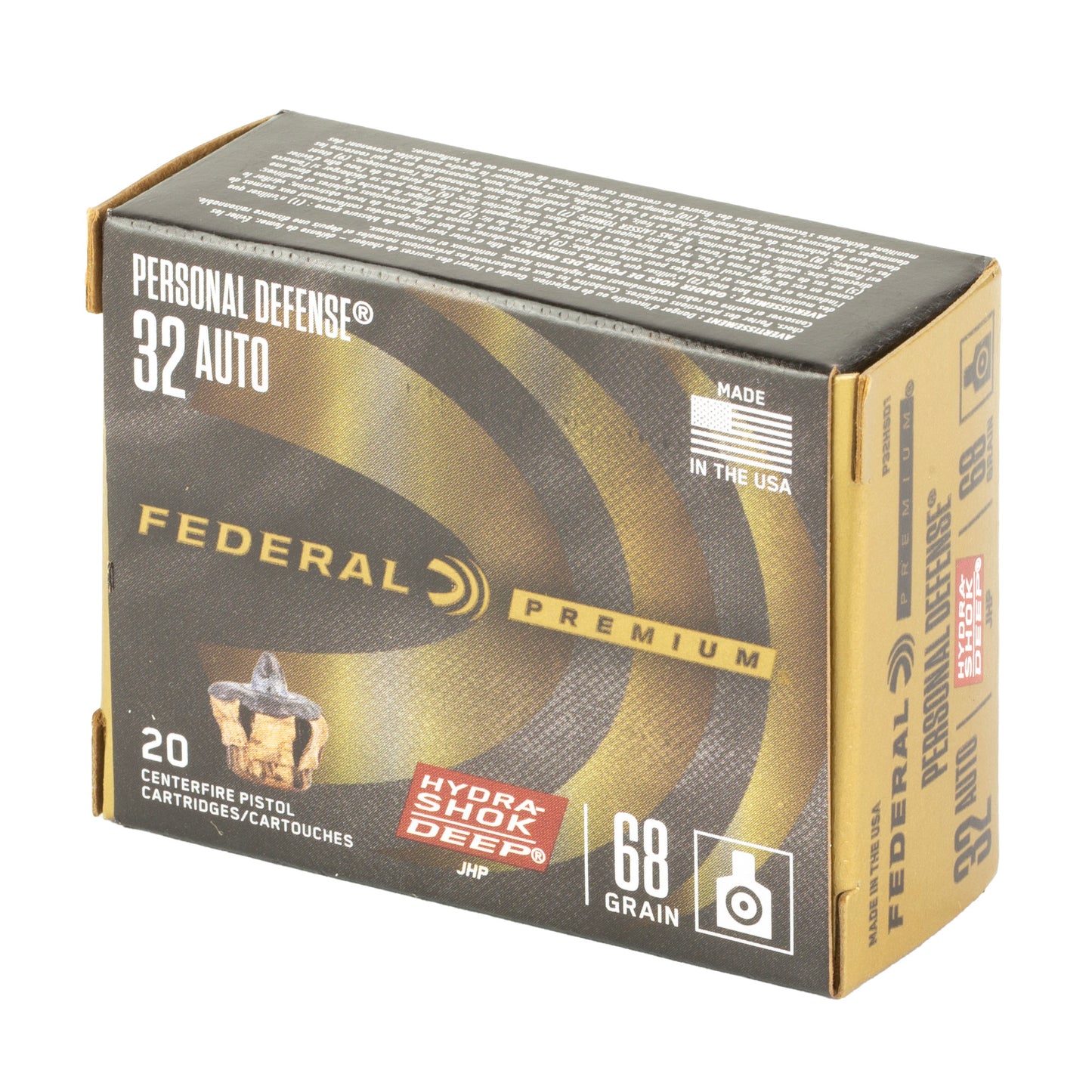 Federal, Personal Defense Hydra-Shok, 32 ACP, 68 Grain, Hydra-Shok Deep Jacketed Hollow Point, 20 Round Box