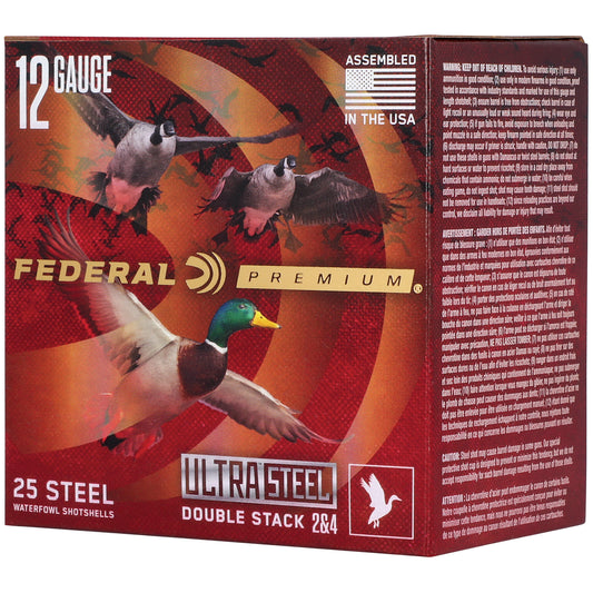 FED ULT STL 12GA 3" 1.25OZ #2/#4 25Federal, Ultra Steel, FLIGHTCONTROL FLEX WAD, 12 Gauge, 3", #2 and #4 Shot, 1 1/4 oz, Zinc Plated Steel, 25 Round Box