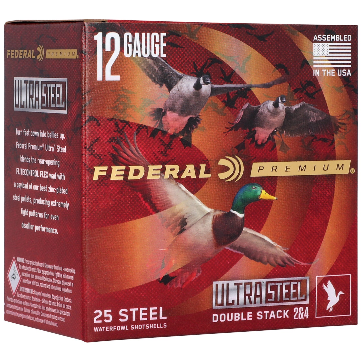 FED ULT STL 12GA 3" 1.25OZ #2/#4 25Federal, Ultra Steel, FLIGHTCONTROL FLEX WAD, 12 Gauge, 3", #2 and #4 Shot, 1 1/4 oz, Zinc Plated Steel, 25 Round Box