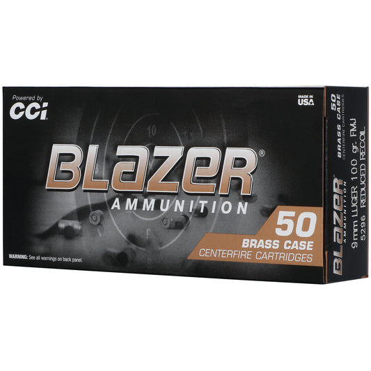 CCI Ammunition, Blazer Brass, 9MM, 100 Grain, Full Metal Jacket, 50 Round Box