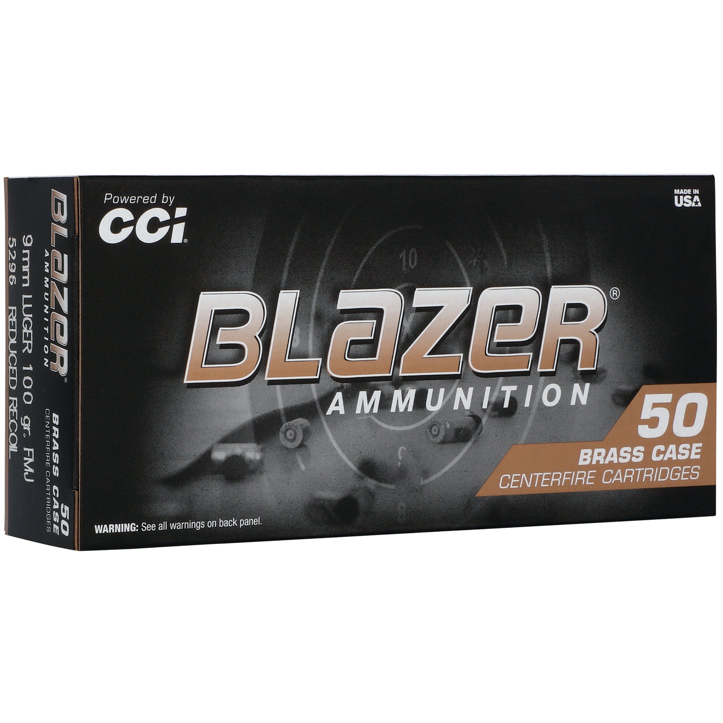 CCI Ammunition, Blazer Brass, 9MM, 100 Grain, Full Metal Jacket, 50 Round Box