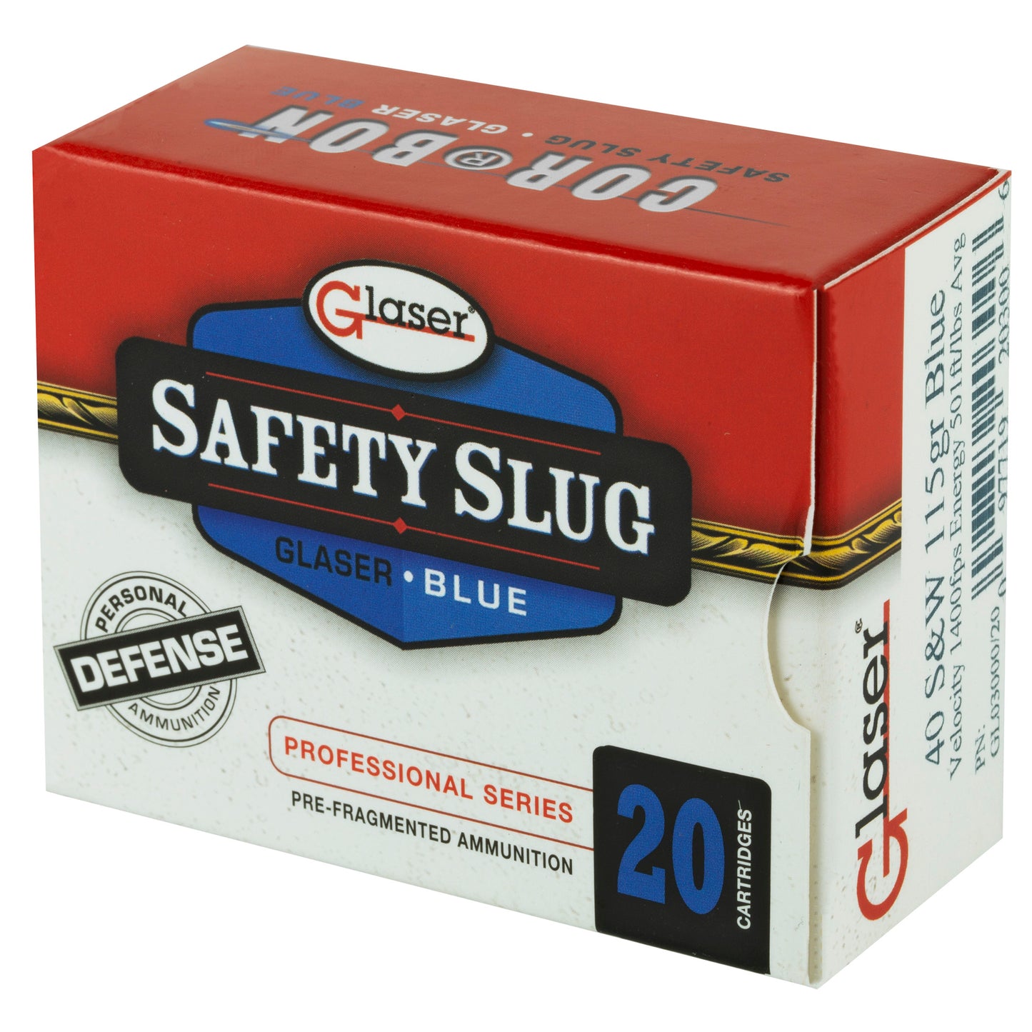 Glaser, Blue, 40 S&amp;W, 115 Grain, Pre-Fragmented, 20 Round Box