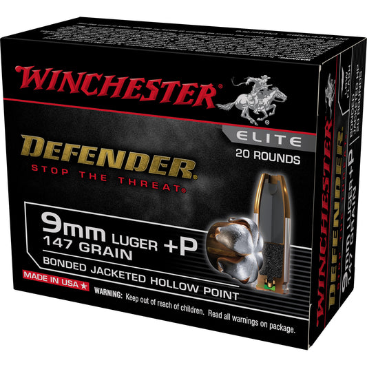 Winchester Ammunition, Defender, 9MM +P, 147 Grain, Bonded Jacketed Hollow Point Bullet  (20 Round Box)