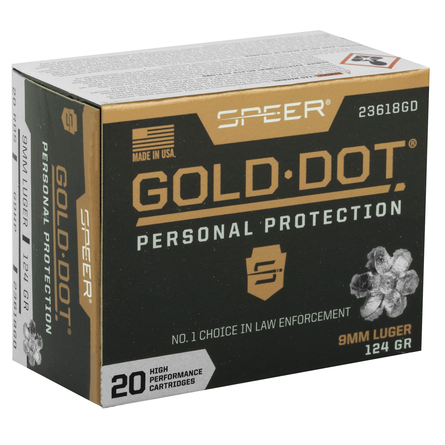 Speer Ammunition, Speer Gold Dot, Personal Protection, 9MM, 124 Grain, Hollow Point, 20 Round Box