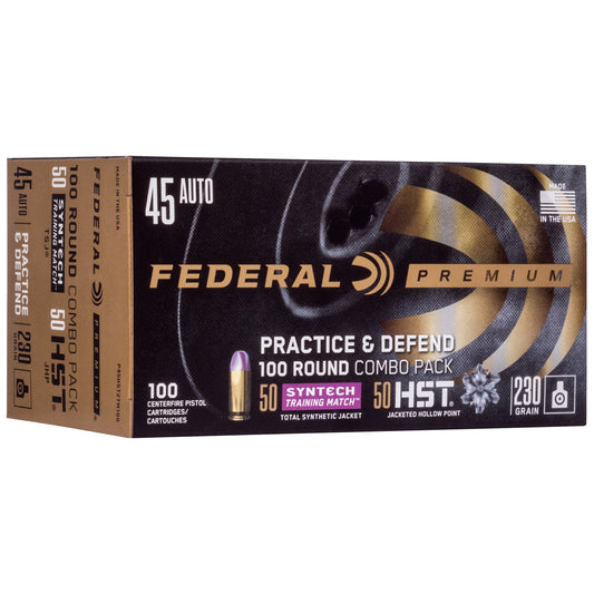 Federal, Premium, Practice &amp; Defend, HST, Syntech Training Match, 45ACP, 230 Grain, JHP/TSJ, (100 Round Case)