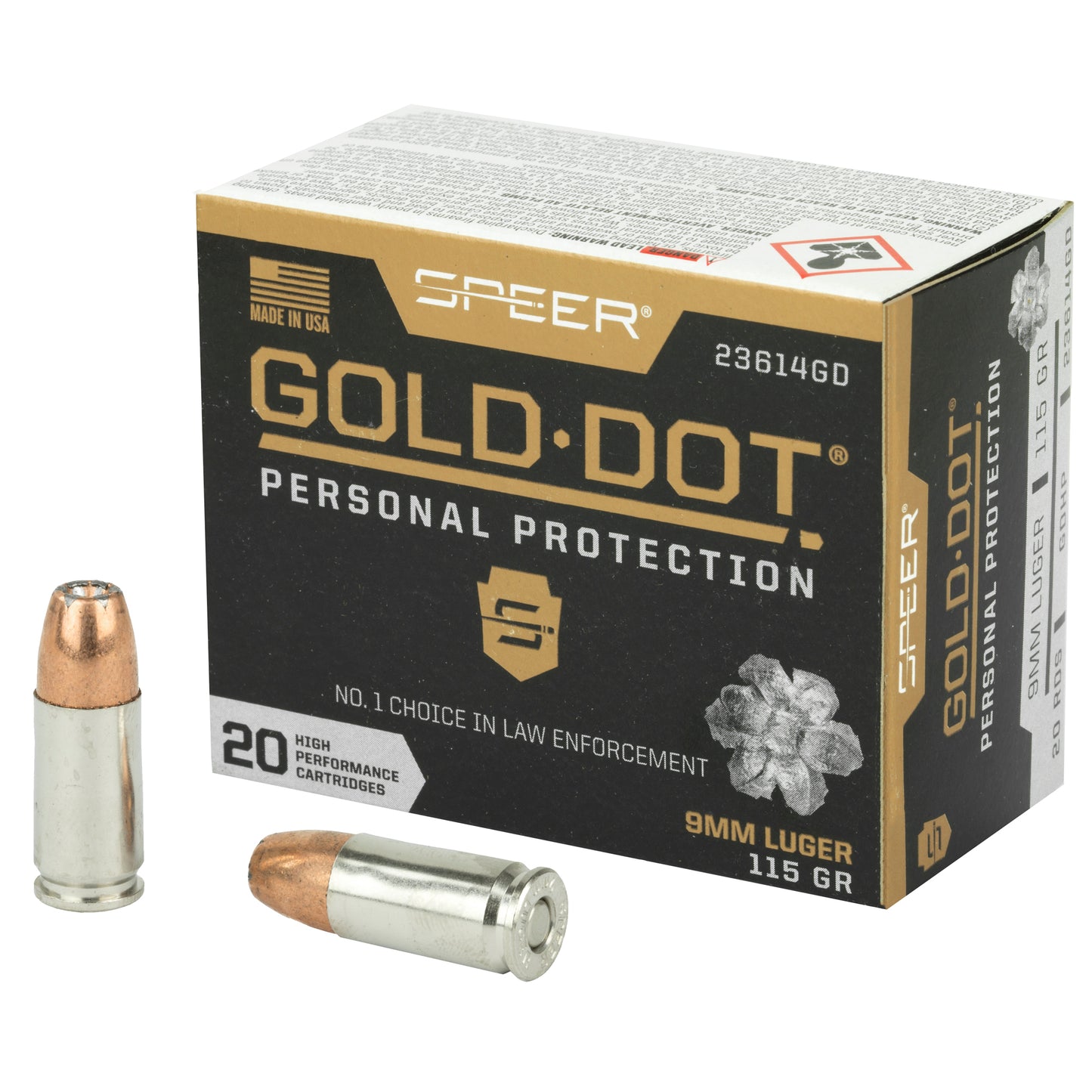 Speer Ammunition, Speer Gold Dot, Personal Protection, 9MM, 115 Grain, Hollow Point, 20 Round Box